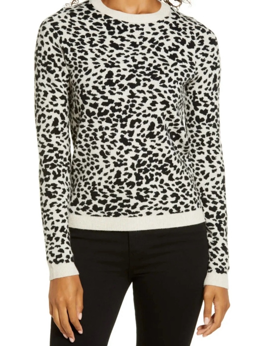 Rachel Parcell Womens Leopard Print Crewneck Sweater‎ Black White Animal Print M